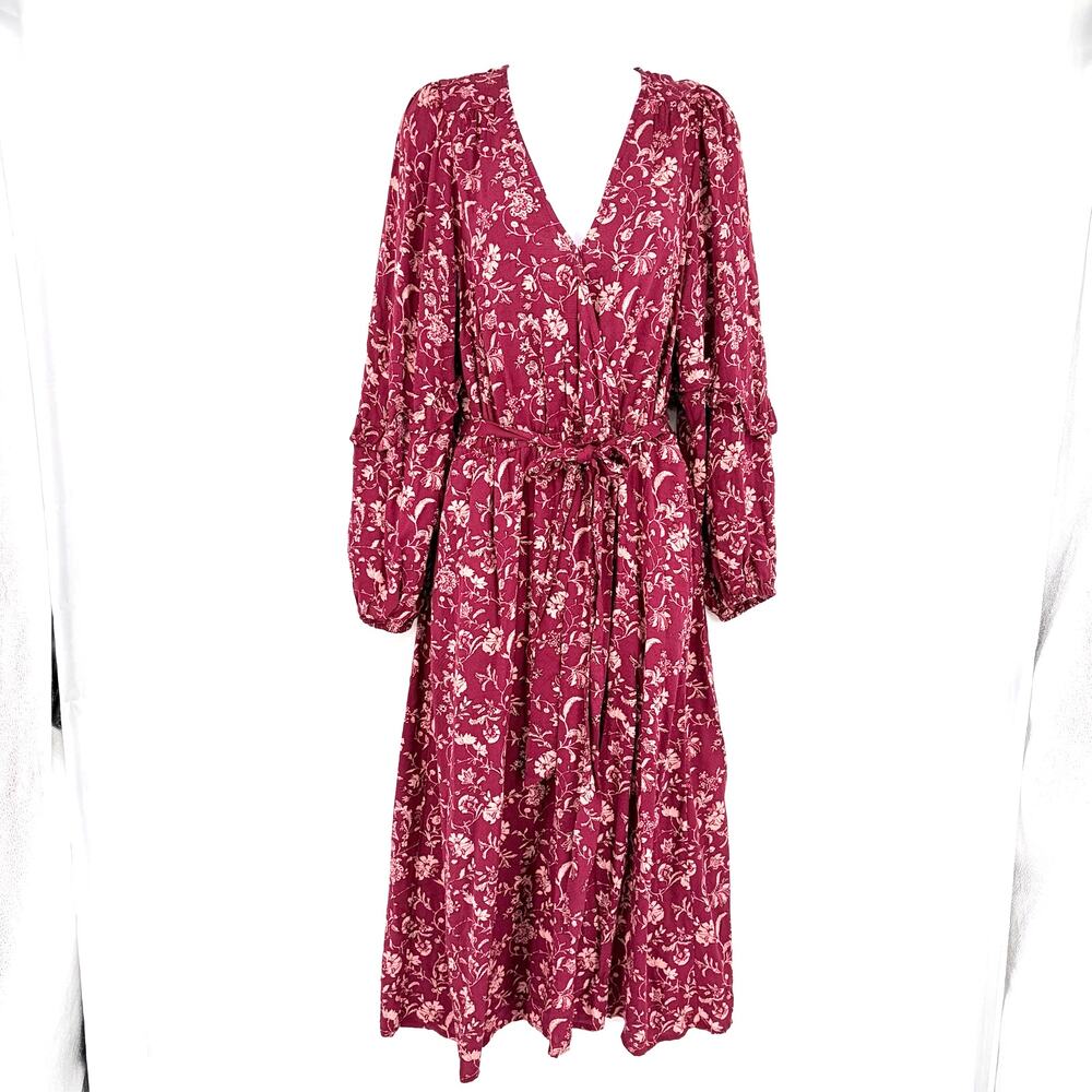 Knox Rose Peasant Dress Sz M Floral Boho Burgundy Midi Cottagecore Ruffle Artsy - Picture 2 of 10